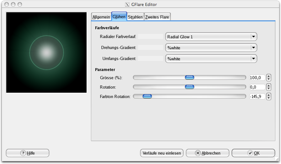 Eigenschaften im Reiter Glühen für den GFlare Editor